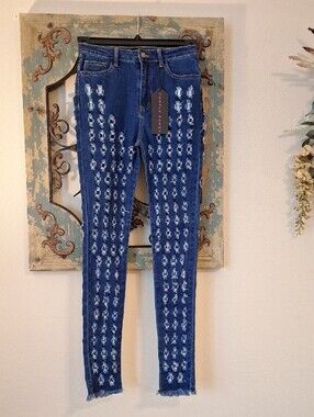 High-Rise Dark Blue Skinny Jeans with Vertical Distressed Panels. NWT Size Small